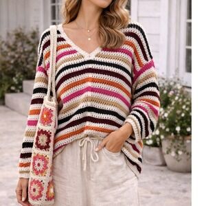 POL Striped Granny Crochet V Neck Sweater Hoodie Women SM fits M/L Colorful